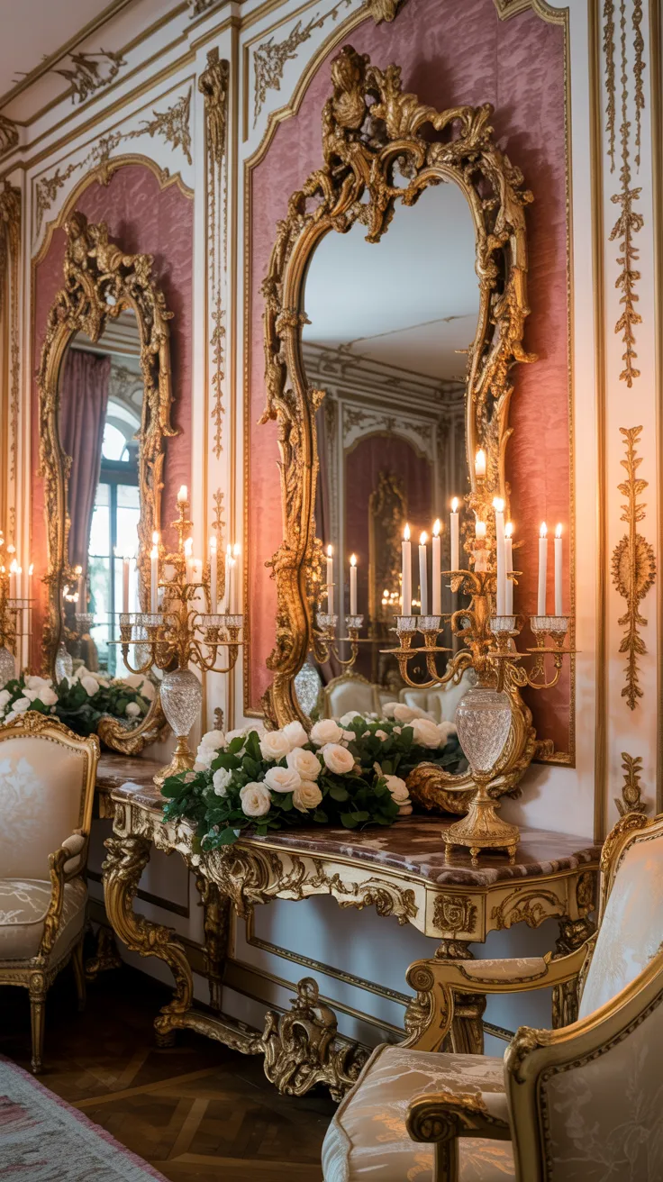 Lavish Rococo interior with oversized gilded mirrors layered against decorative wall molding, warm candlelight, blush walls, and elegant antique styling