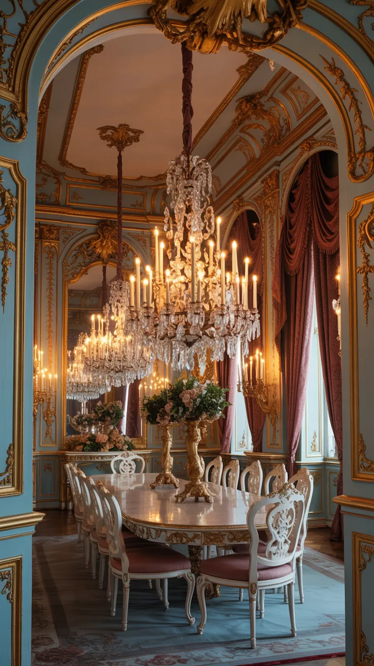 Elegant Rococo dining room with dramatic crystal chandelier, warm candle style lighting, ornate ceiling details, and gold accents throughout the space