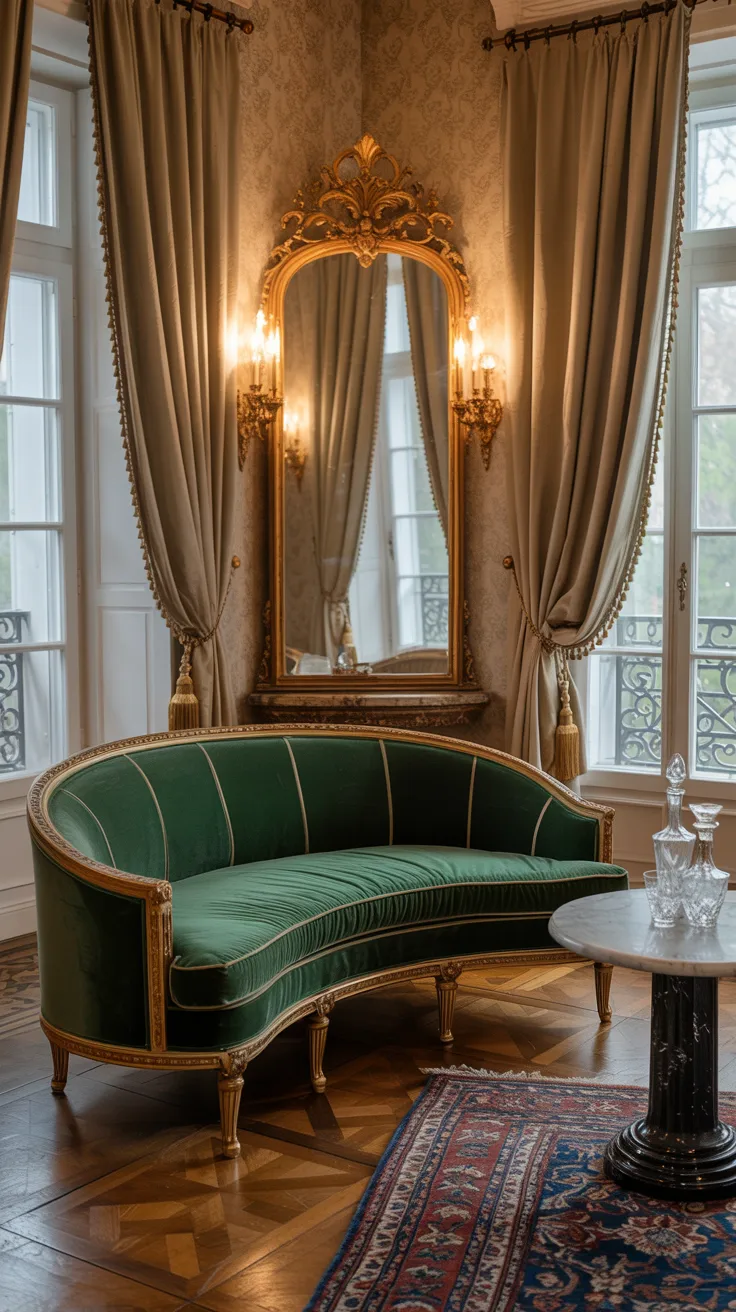 Romantic Rococo living room with emerald velvet seating, curved furniture, gold accents, layered textures, and warm elegant lighting