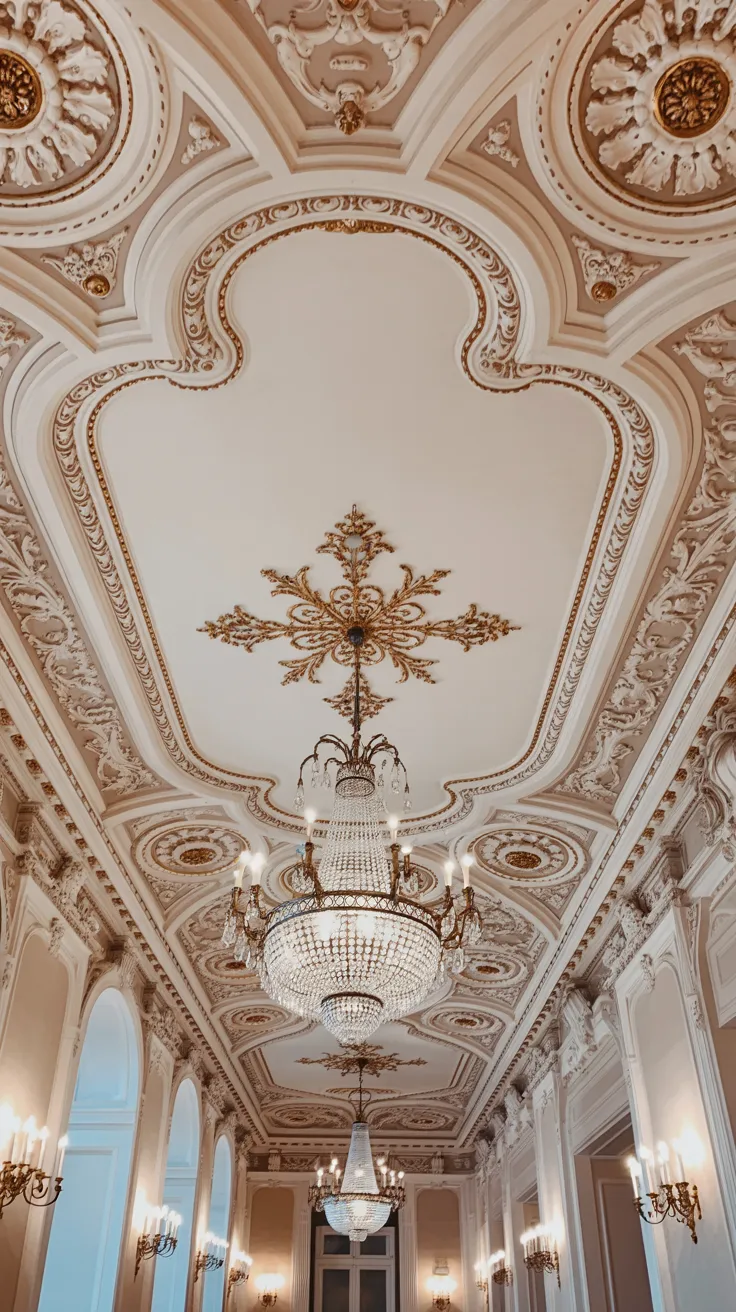 Grand Rococo interior with ornate ceiling molding, decorative medallions, crystal chandelier, and soft elegant lighting