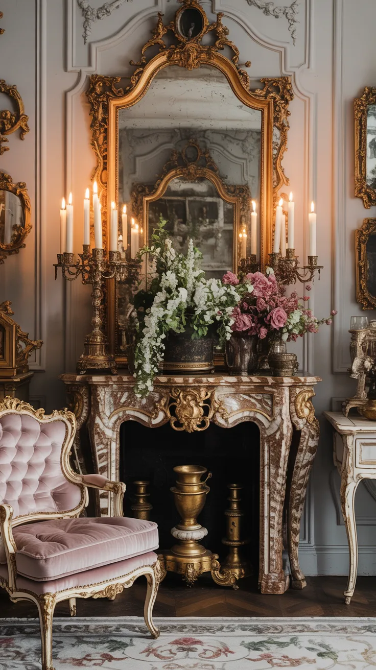 Rococo inspired room layered with antique gold accents, candleholders, ornate frames, marble details, and warm romantic styling