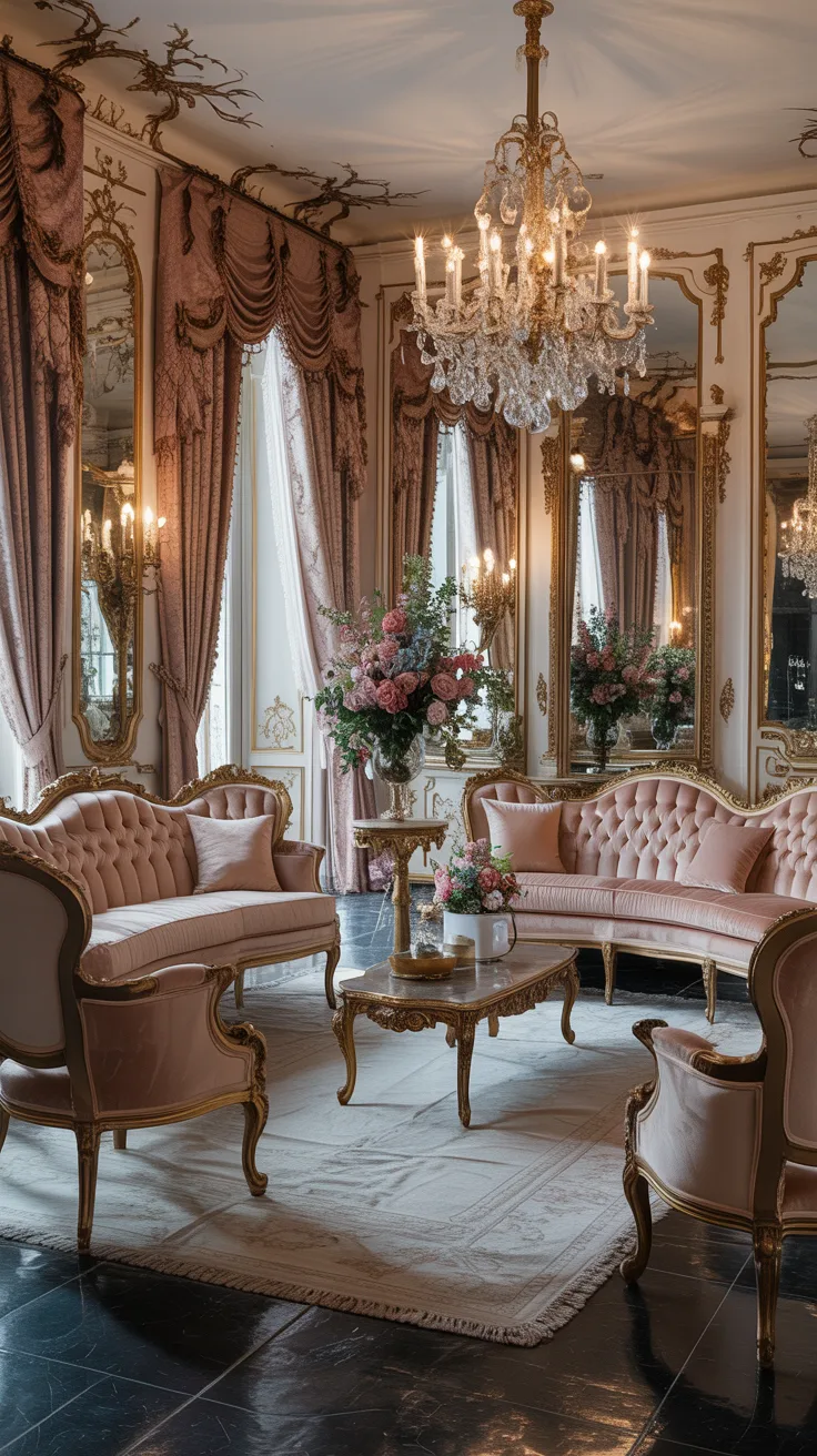 Elegant Rococo room with curved sofas, carved armchairs, tufted seating, gold accents, and layered luxurious textiles