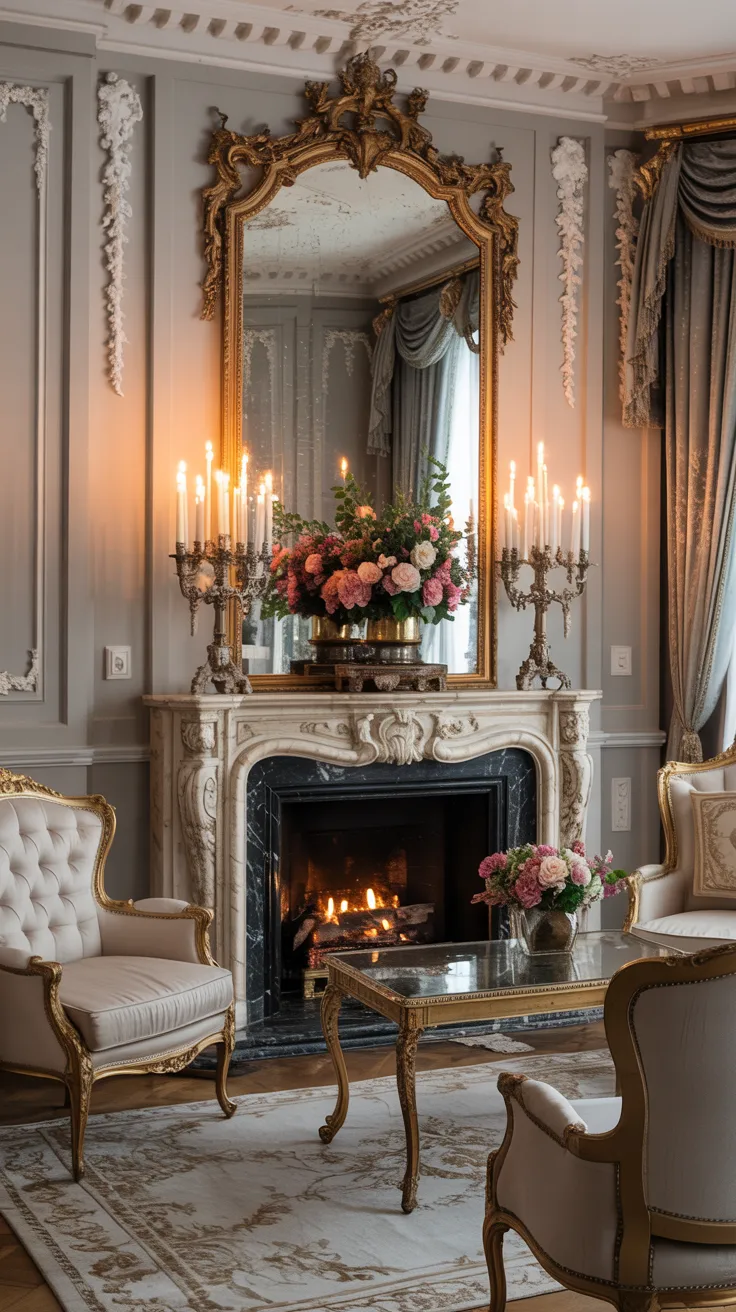 Lavish Rococo living room with cream marble fireplace, gilded mirror, candlelight decor, ornate molding, and dramatic elegant styling