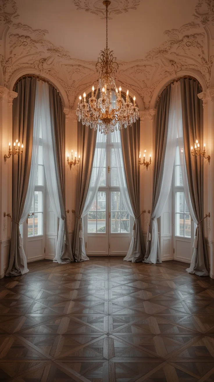 Romantic Rococo interior with long flowing velvet and linen curtains, chandeliers, tall windows, and warm layered lighting