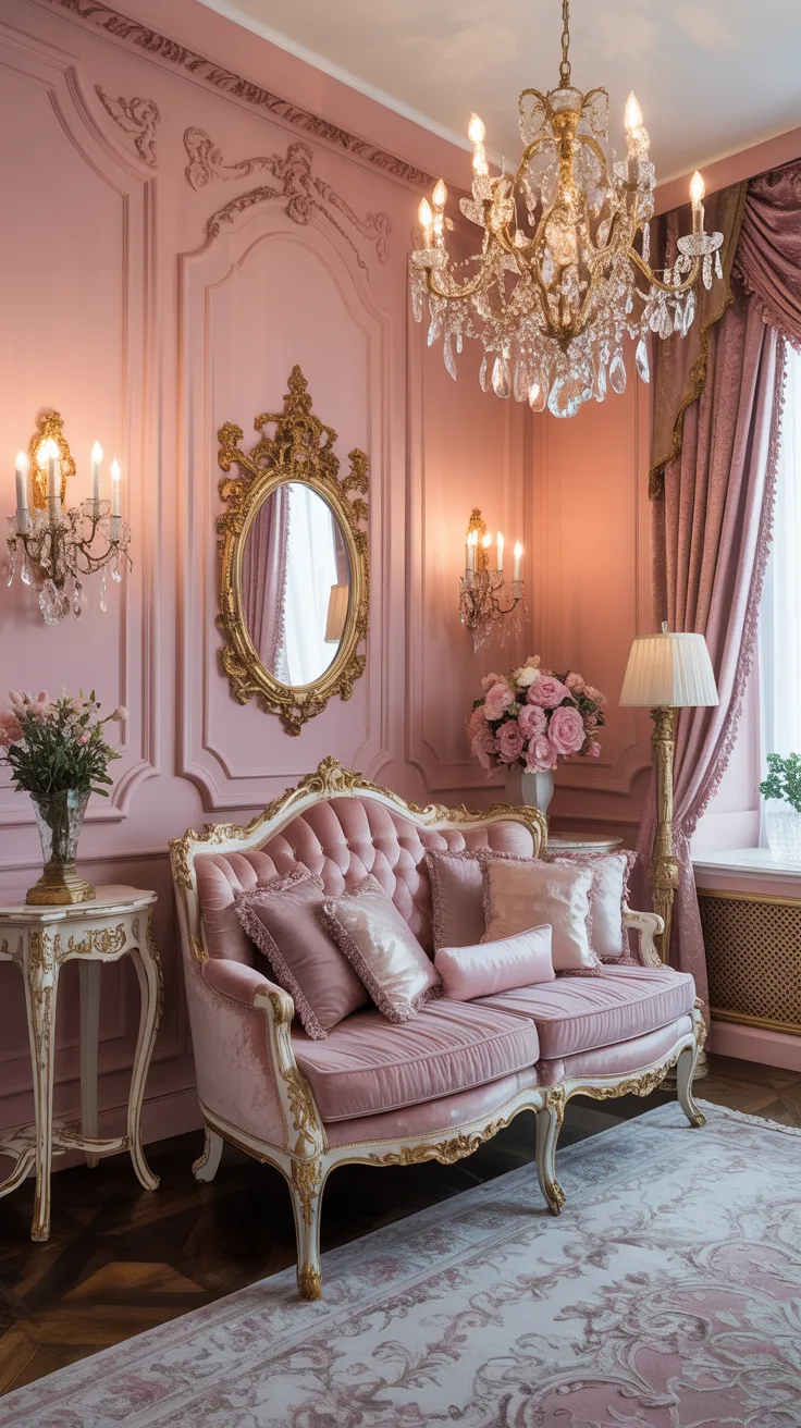 Soft Rococo inspired room with blush pink walls, gold metallic accents, ornate furniture, crystal lighting, and elegant layered textures