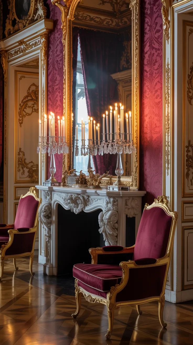 Layered Rococo interior with velvet textures, gilded mirrors, marble details, warm candlelight, and balanced dramatic decor styling