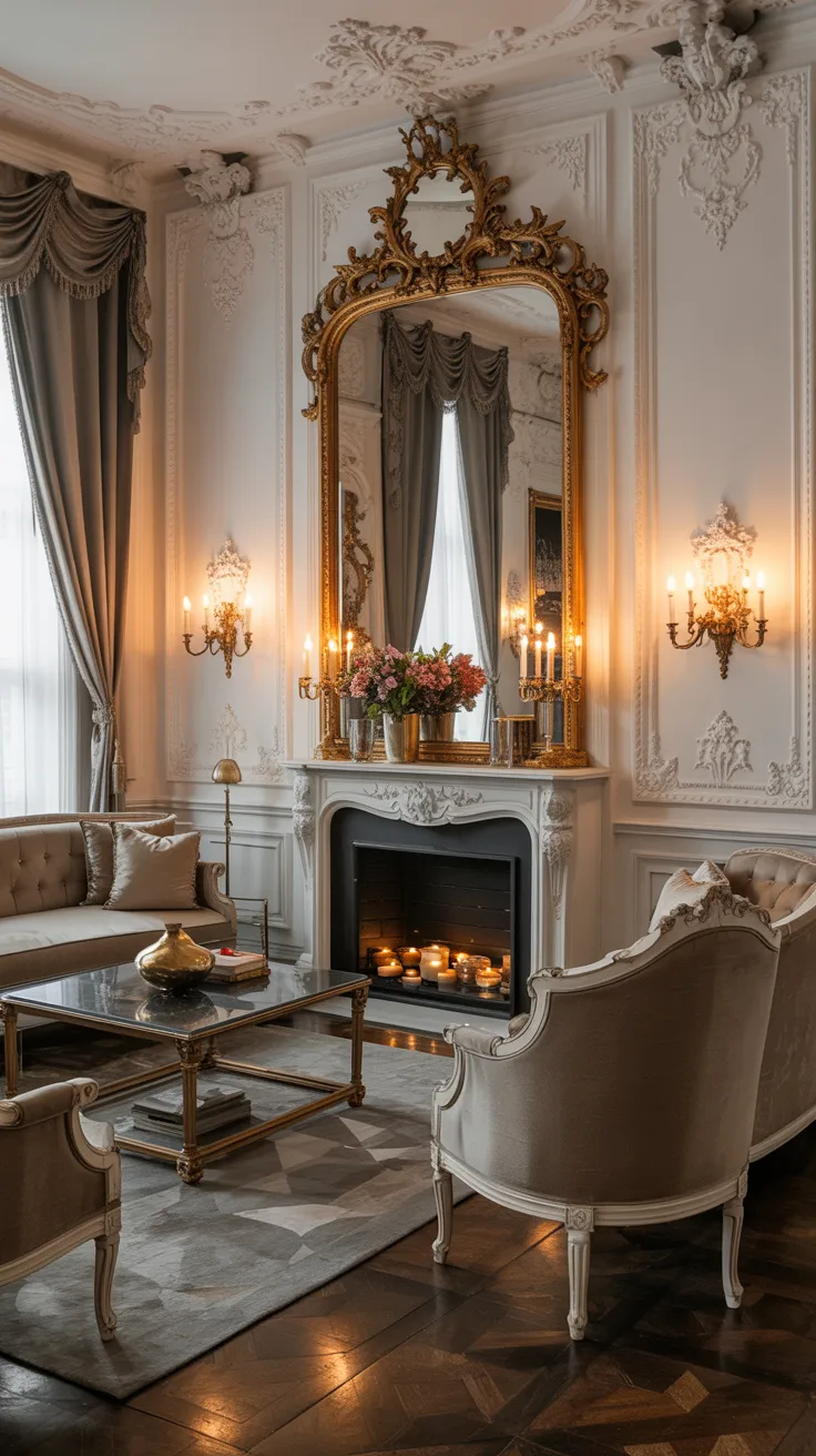 Luxurious Rococo living room with oversized gilded mirror, decorative wall molding, velvet seating, and warm candlelit ambiance