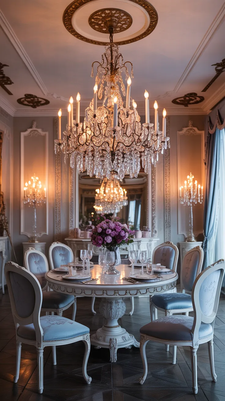 Elegant Rococo dining room with crystal chandelier, warm candle style bulbs, ornate ceiling details, and romantic Parisian palace decor