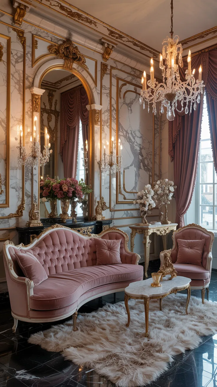 Romantic Rococo interior with velvet curved sofa, tufted armchairs, gold accents, marble decor, and luxurious layered textures