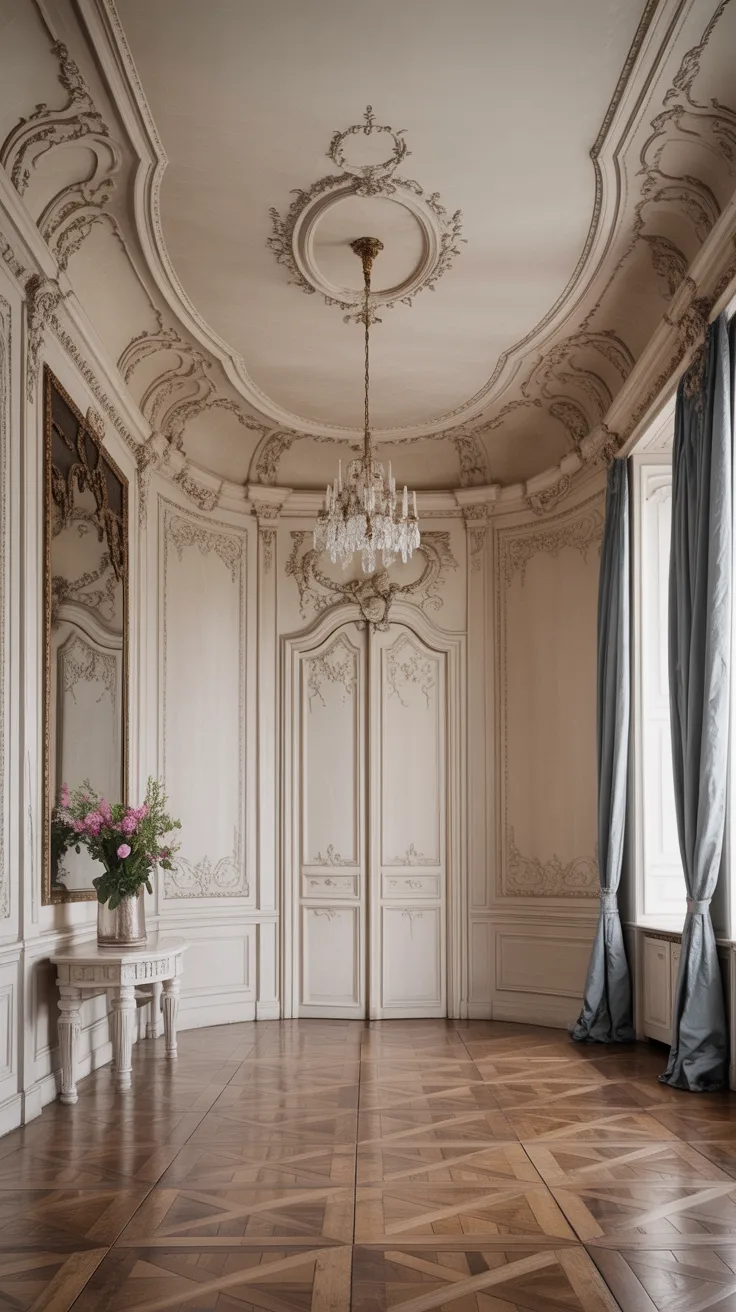 Parisian Rococo room with curved wall molding, ornate ceiling medallions, soft neutral walls, and elegant palace inspired architecture