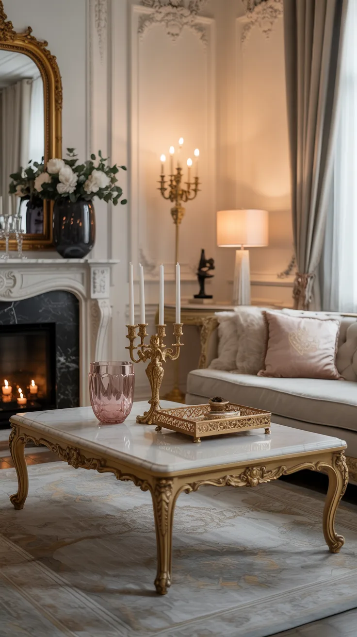 Elegant Rococo decor with marble coffee table, gold candleholders, ornate trays, and warm luxurious Parisian styling