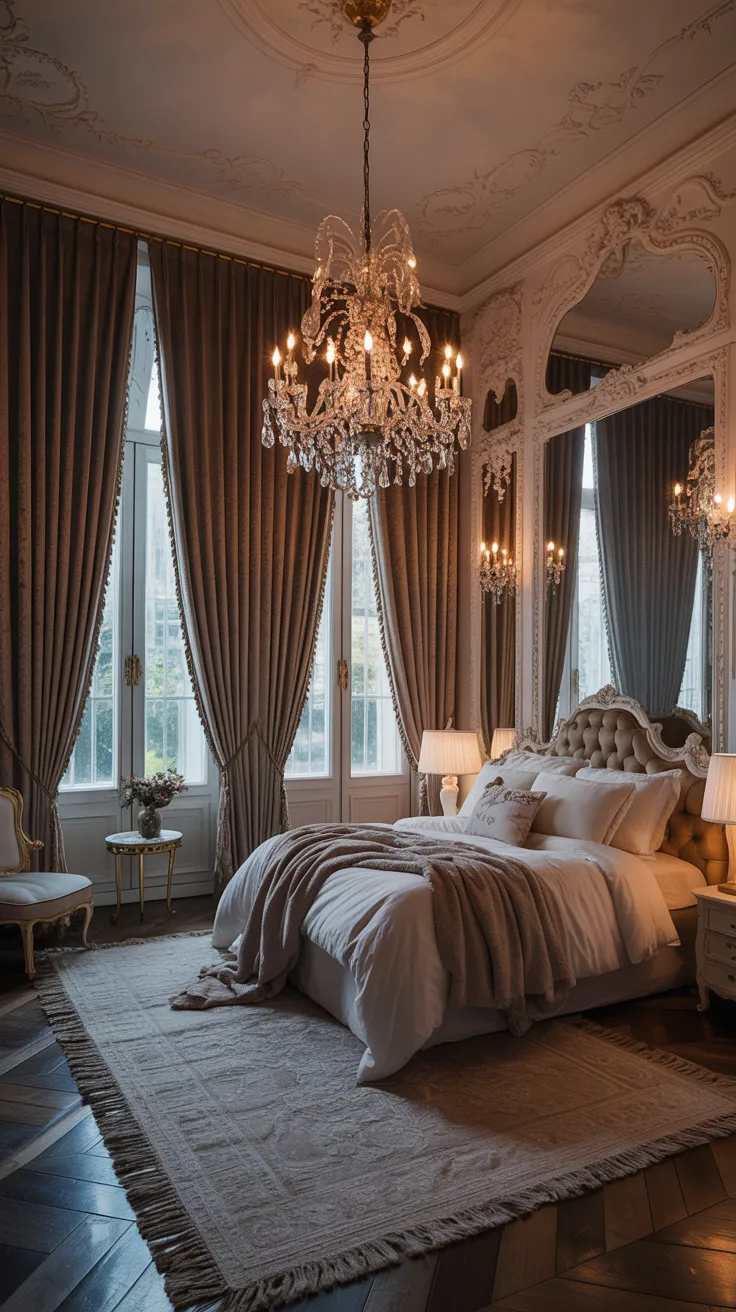 Rococo inspired bedroom with floor length velvet curtains, tall windows, crystal chandelier, and warm romantic lighting
