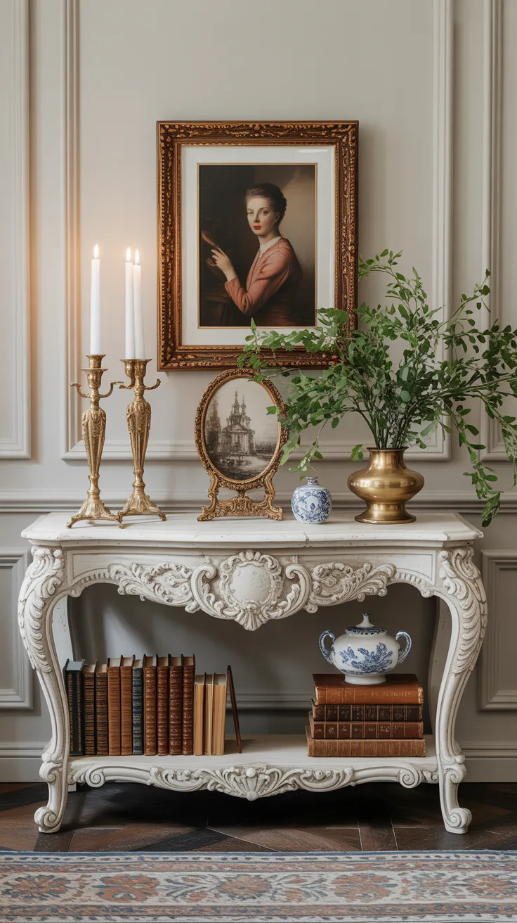 Decorative Rococo console table styled with antique books, porcelain, candlesticks, framed artwork, and elegant layered decor
