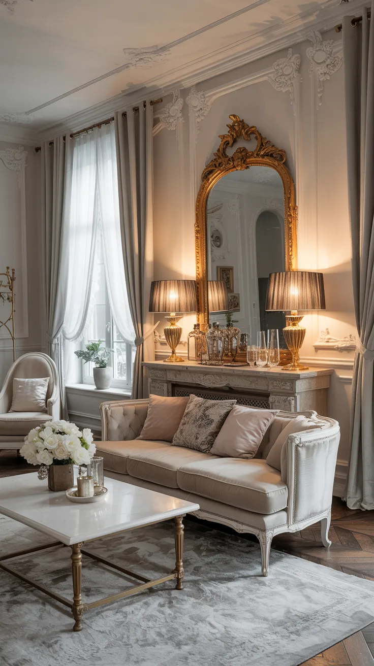 Balanced Rococo interior with soft neutral palette, velvet seating, gilded mirrors, layered textures, and warm romantic lighting