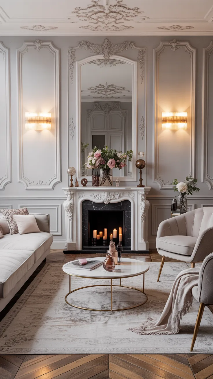 Modern Rococo living room with decorative wall molding, neutral modern furniture, soft lighting, and elegant Parisian inspired styling
