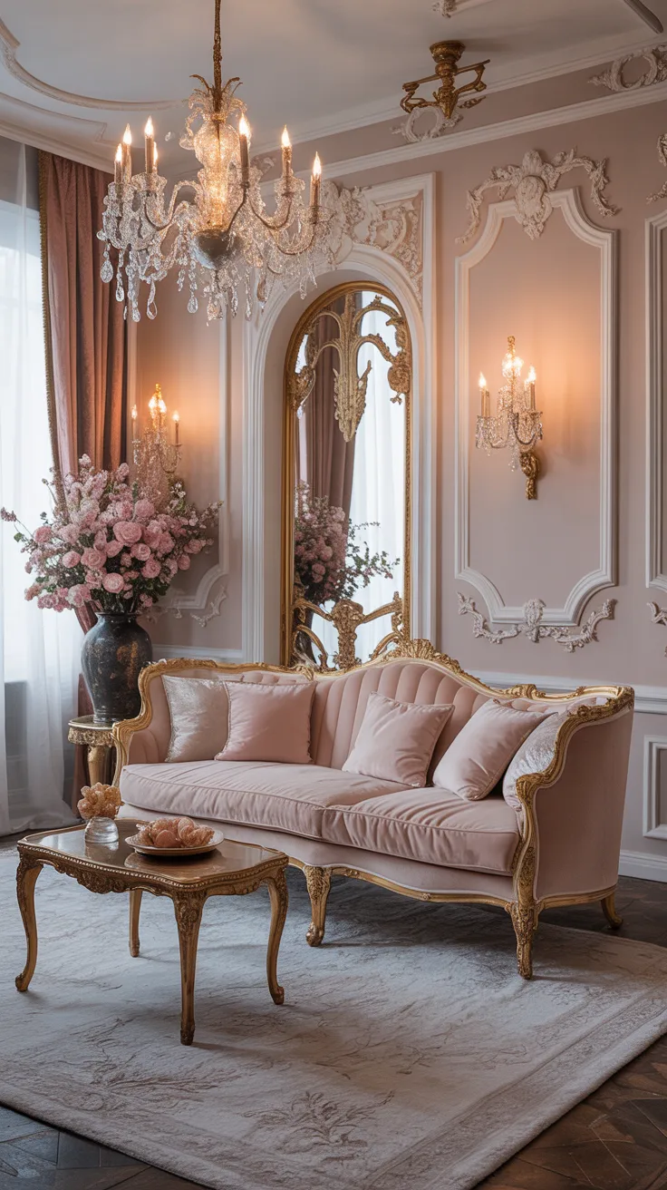 Elegant modern Rococo interior with soft neutral palette, blush beige walls, muted champagne tones, and understated gold accents