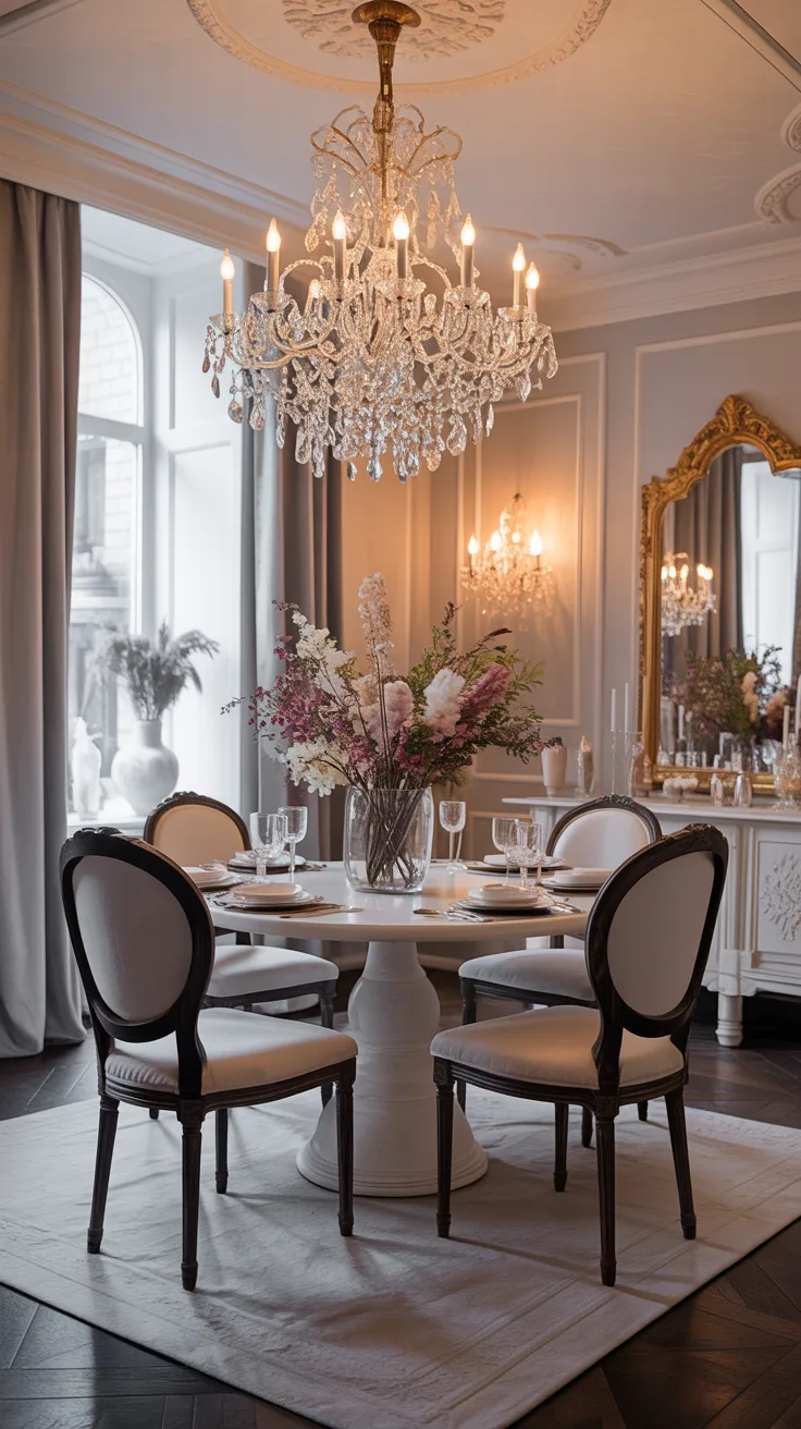 Modern Rococo dining room with crystal chandelier, soft neutral decor, warm lighting, and elegant uncluttered styling
