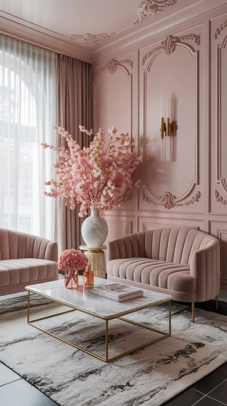 Modern Rococo interior with blush velvet seating, marble coffee table, brass accents, and contemporary clean lined furniture