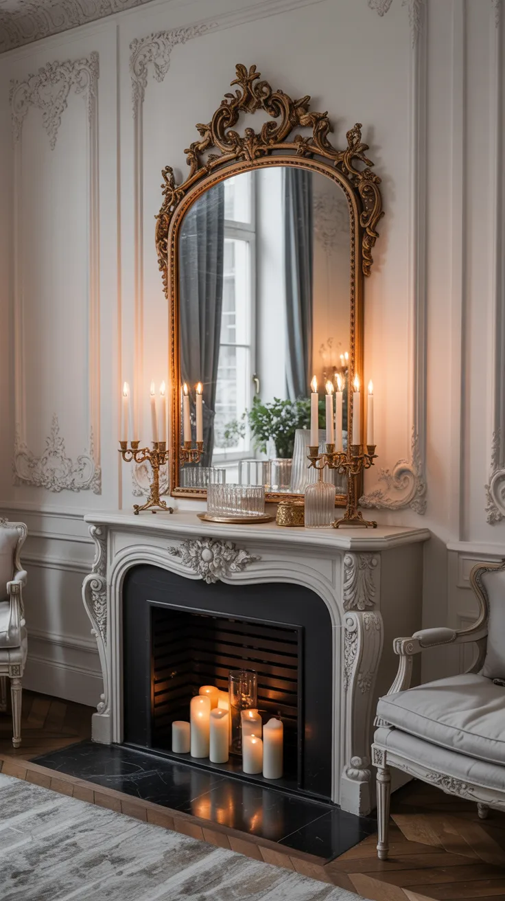 Modern Rococo room with oversized ornate mirror, pale walls, warm candlelight, and elegant understated Parisian decor