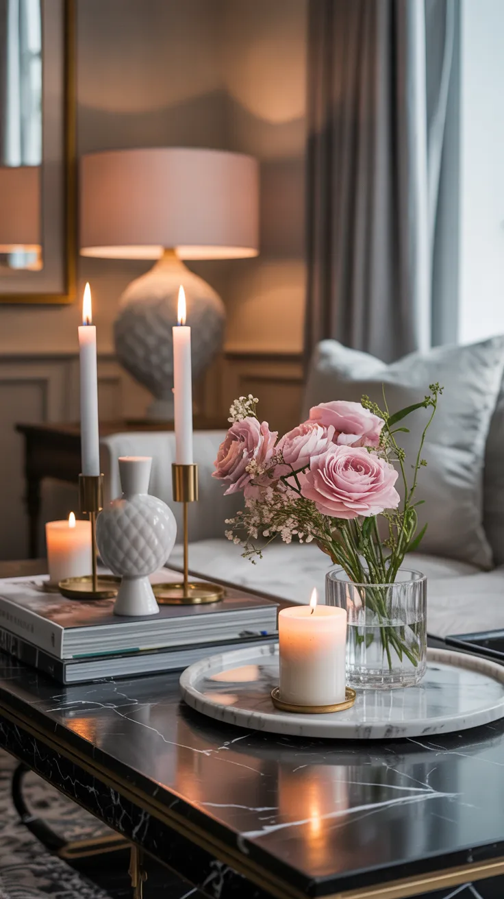 Curated modern Rococo decor with candles, marble trays, porcelain accents, stacked books, and elegant layered styling