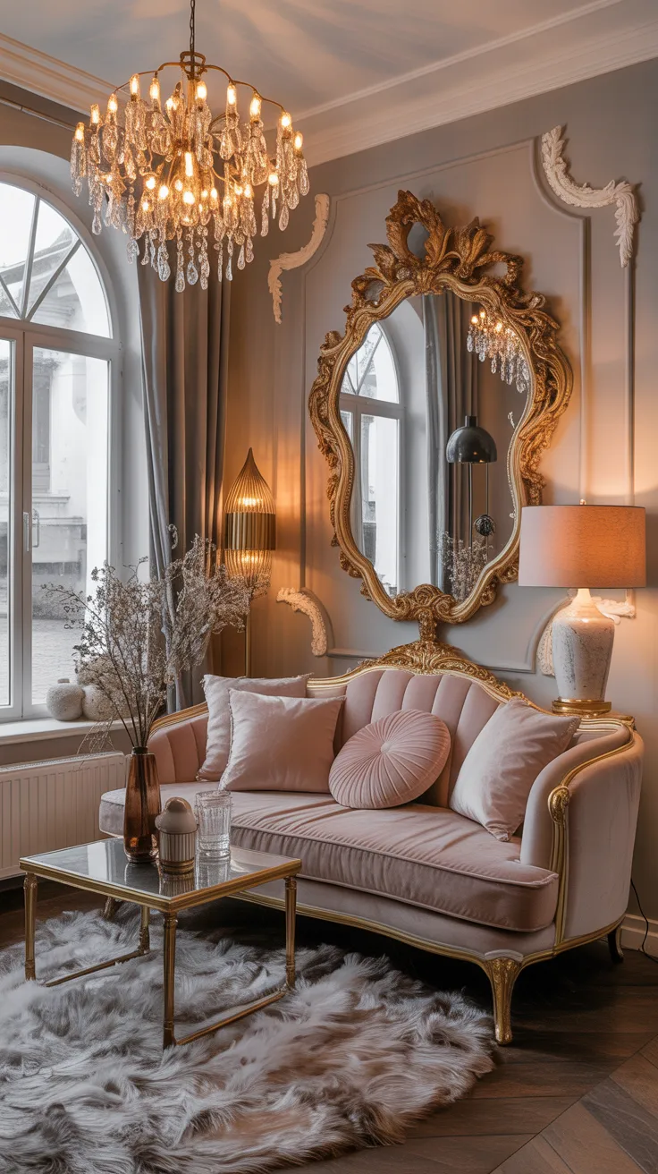 Warm modern Rococo interior with layered lighting, plush velvet textures, gold mirrors, soft neutral palette, and romantic cozy atmosphere