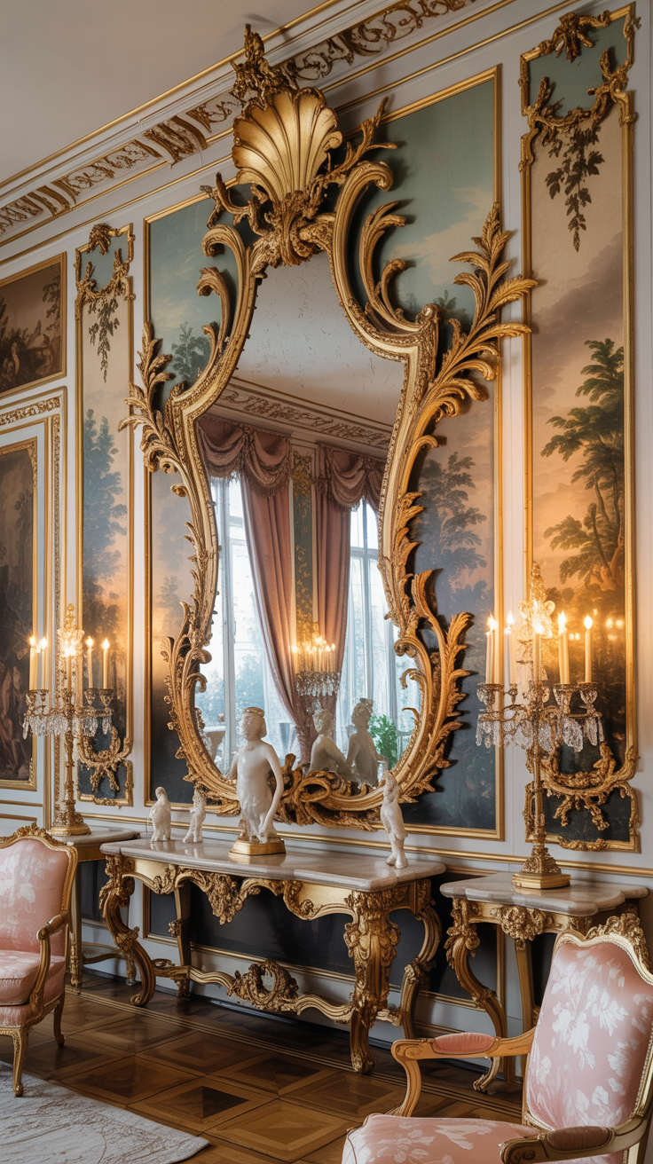 Rococo living room featuring a large gold gilded mirror ornate wall details and elegant styling