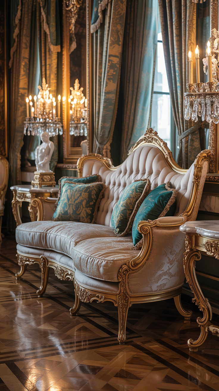 Elegant Rococo living room with curved tufted sofa carved details and luxurious fabrics