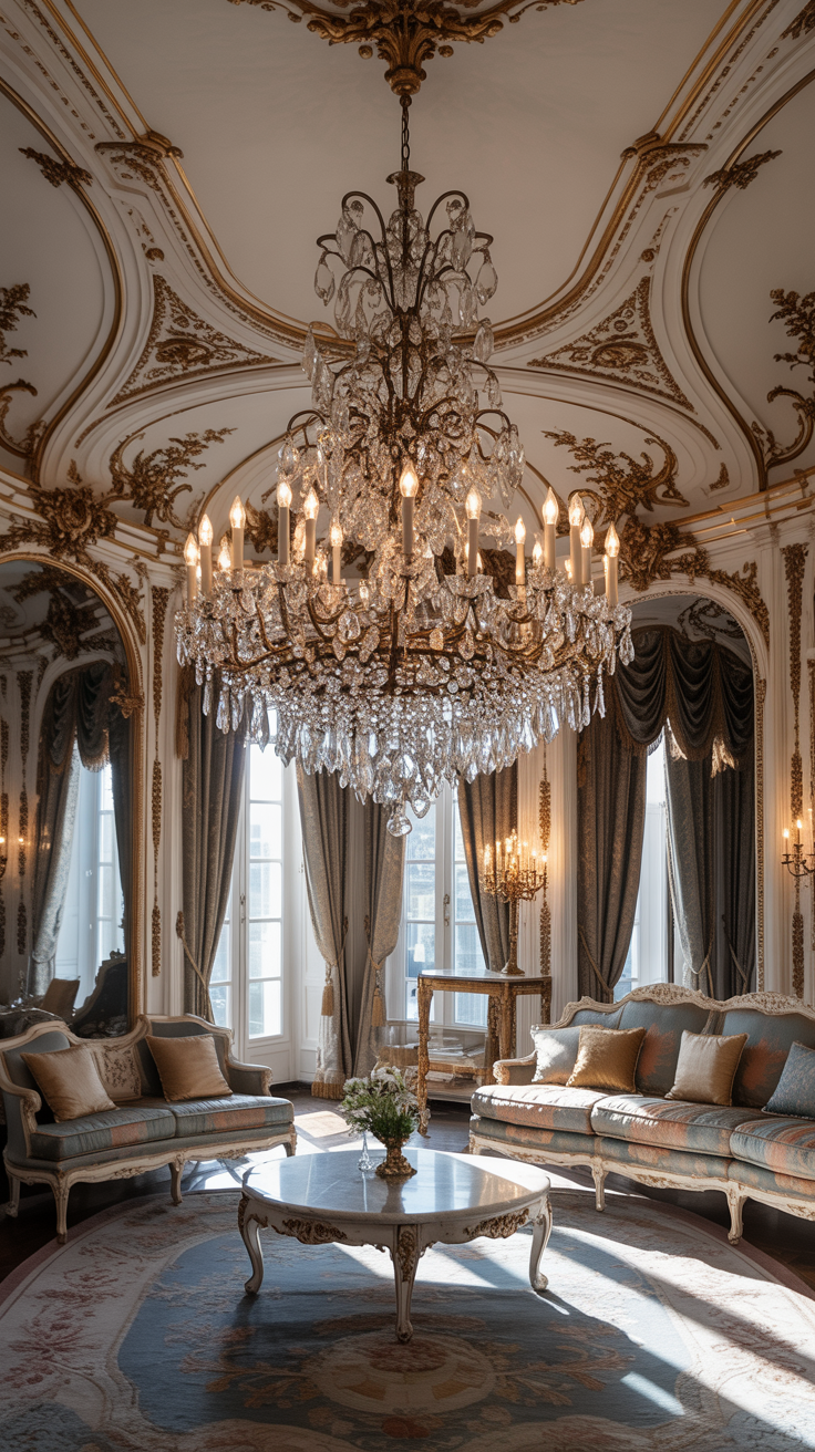 Rococo living room with crystal chandelier ornate ceiling details and dramatic lighting