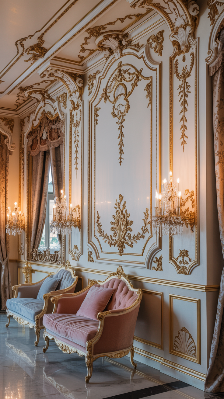 Rococo living room with ornate wall molding decorative paneling and elegant architectural details