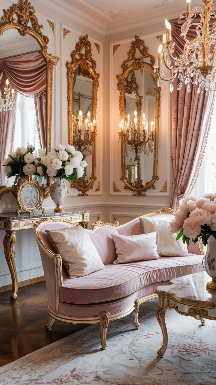 Blush and cream Rococo living room with elegant furnishings gold accents and luxurious styling