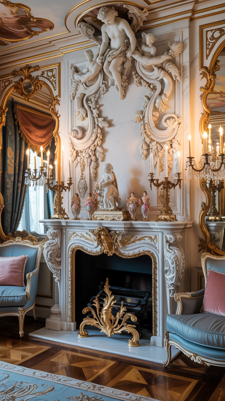 Rococo living room featuring a marble fireplace ornate carvings and elegant decorative styling