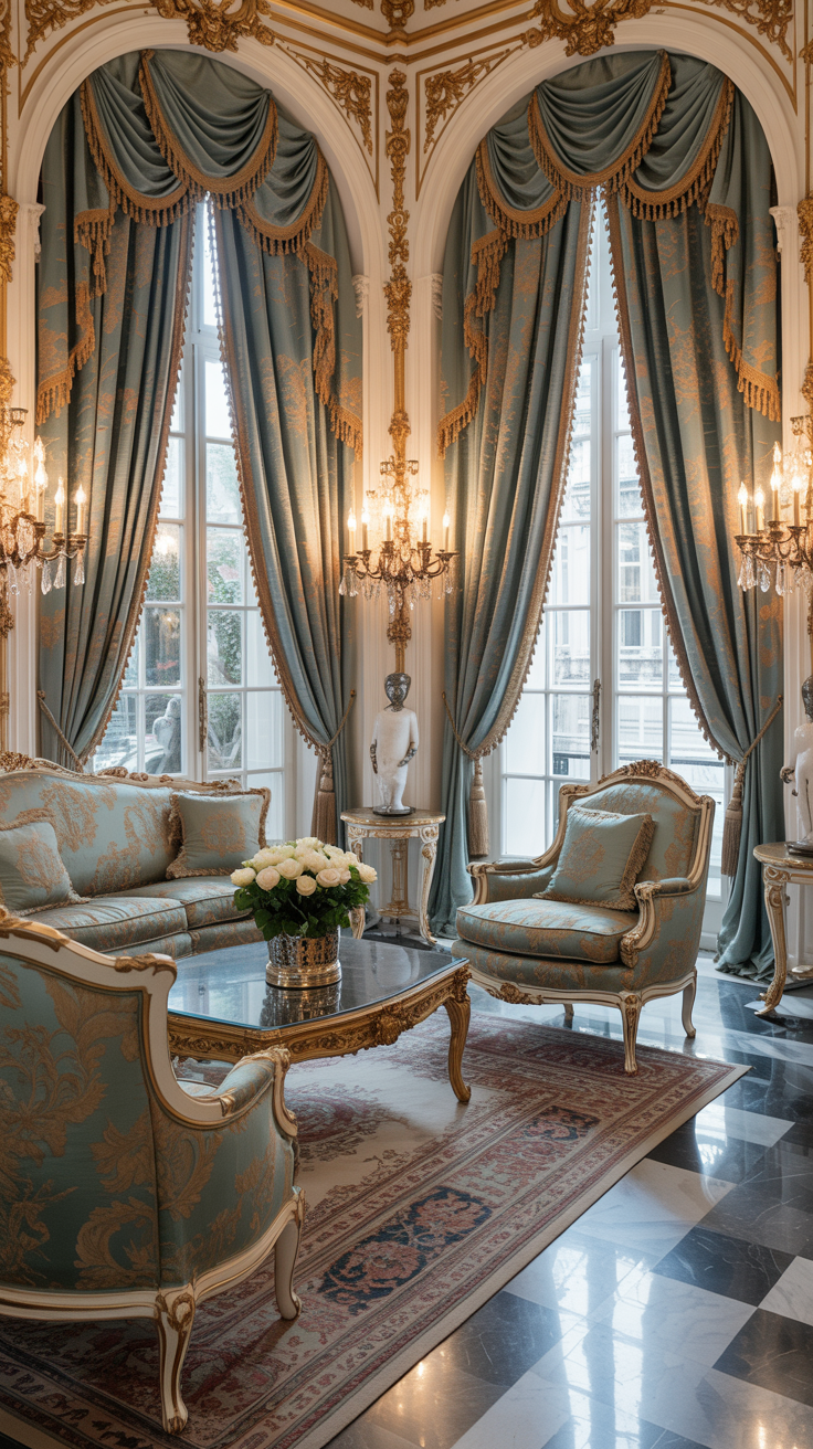 Rococo living room with floor to ceiling drapery luxurious fabrics and elegant window styling