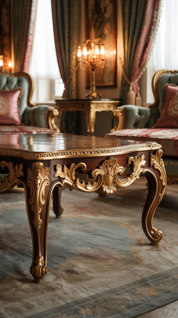 Gilded Rococo coffee table with curved details elegant furnishings and luxurious living room styling