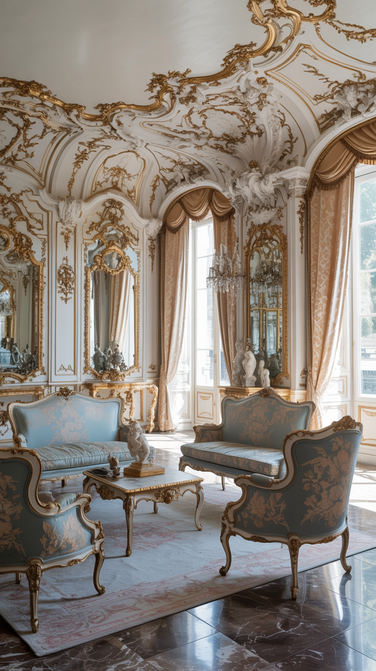 Rococo living room featuring decorative ceiling moldings ornate details and elegant architectural styling