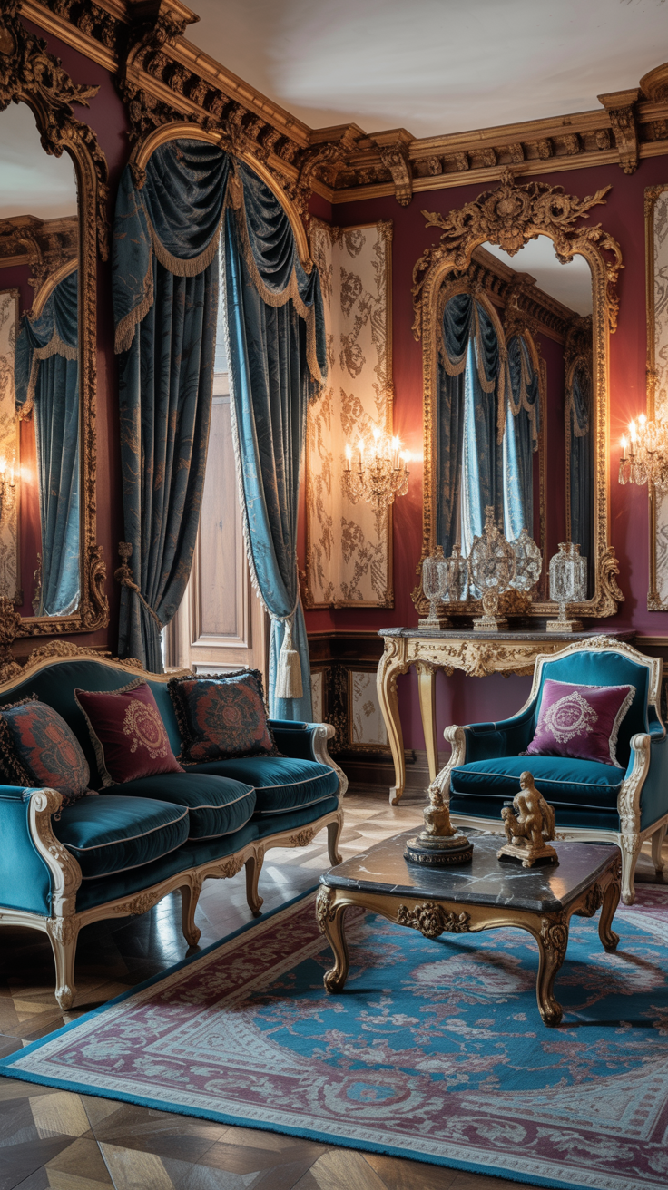 Dramatic Rococo living room with jewel tone furnishings gold accents and luxurious decor