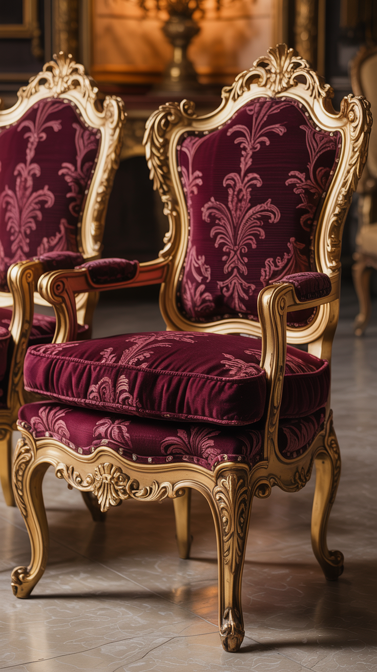 Ornate Rococo accent chairs with carved details luxurious upholstery and elegant styling