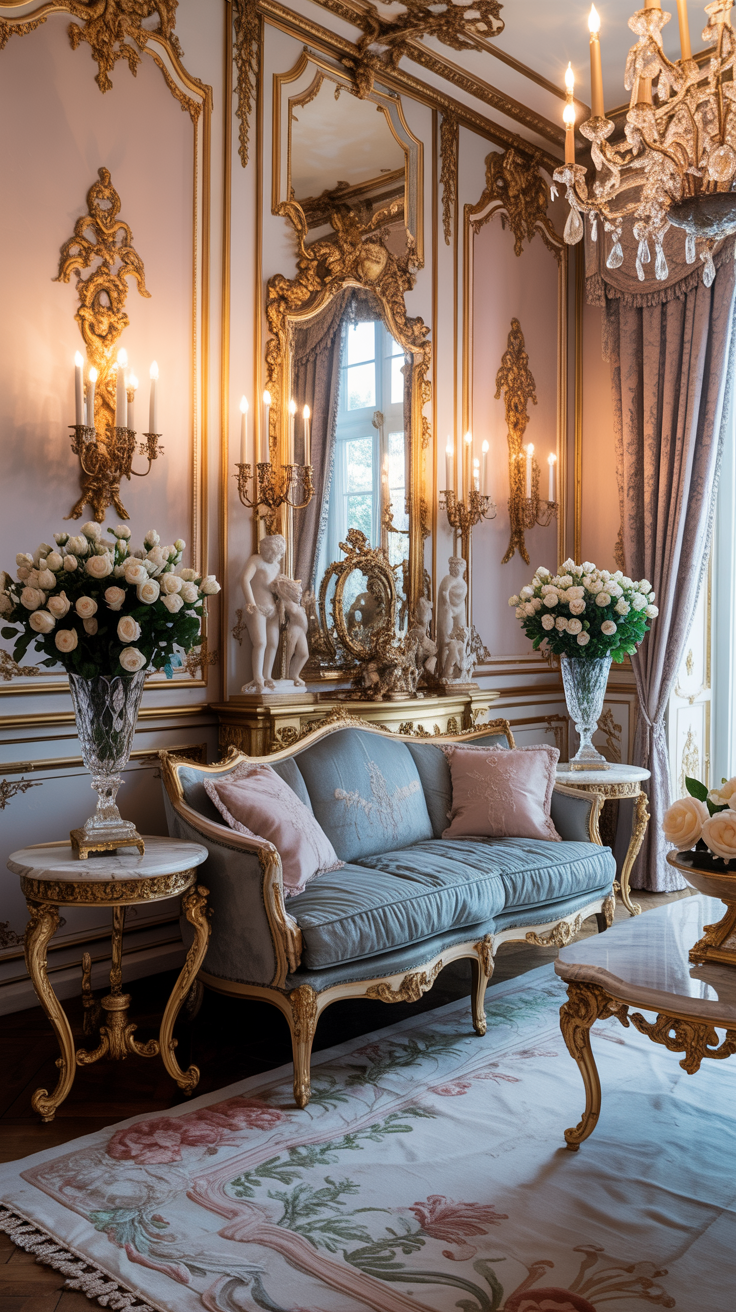 Rococo living room styled with layered gold accessories decorative objects and elegant luxury details