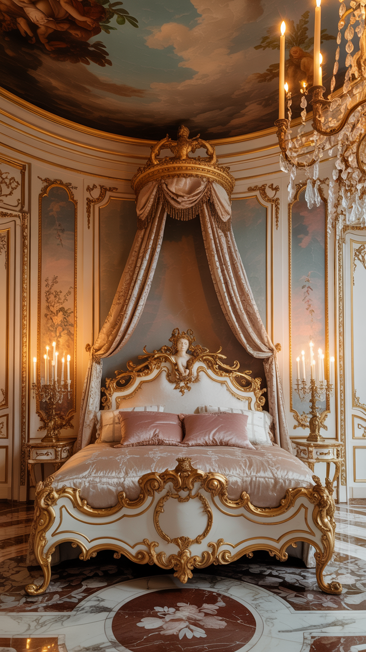 Rococo bedroom featuring an ornate gold gilded bed frame with luxurious palace inspired styling