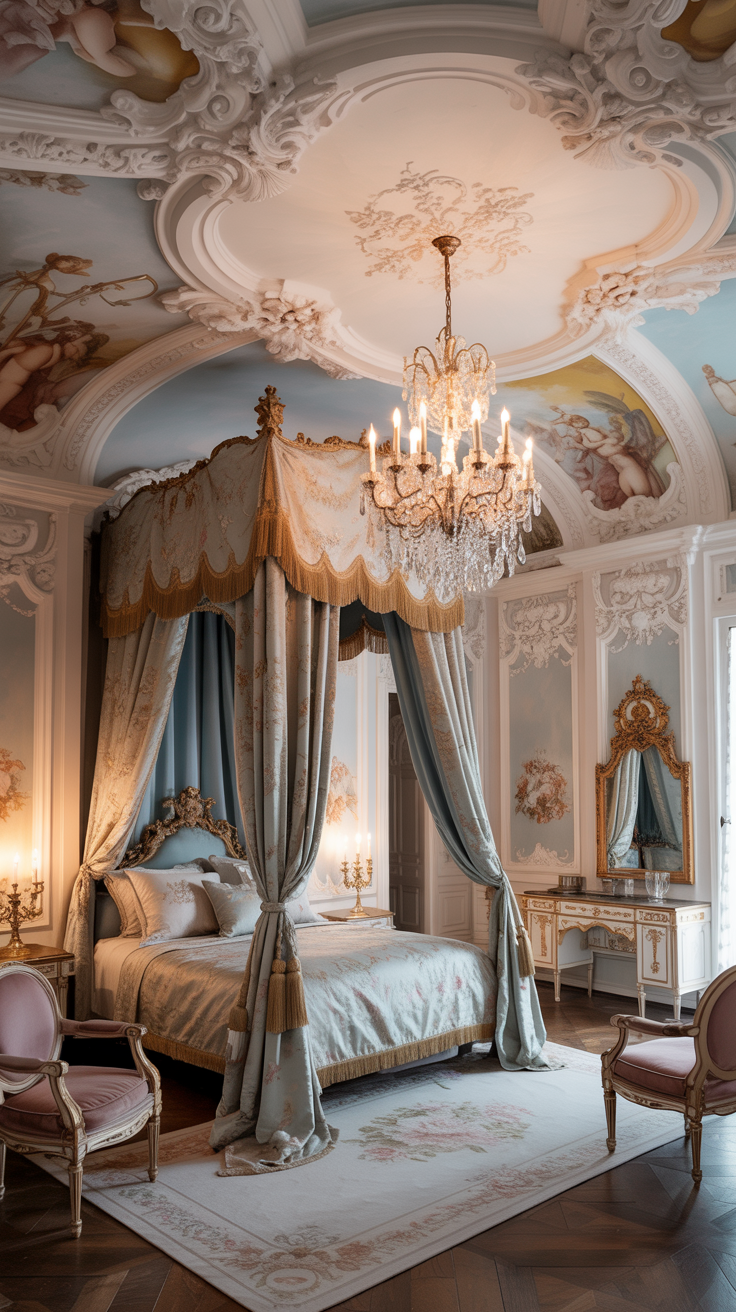 Luxurious Rococo bedroom with crystal chandelier ornate ceiling details and elegant furnishings