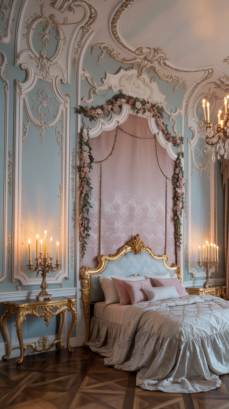 Rococo bedroom with decorative wall moldings elegant paneling and palace inspired architectural details