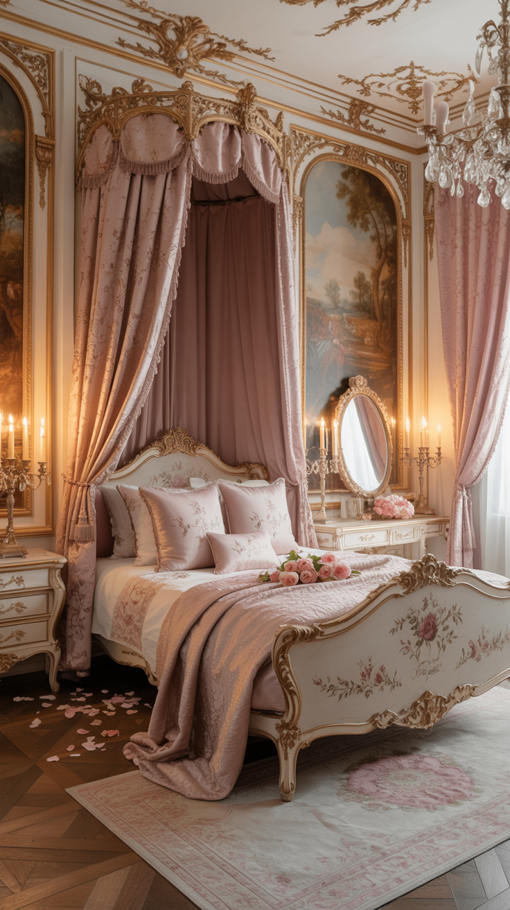 Blush pink and gold Rococo bedroom with luxurious furnishings and romantic styling