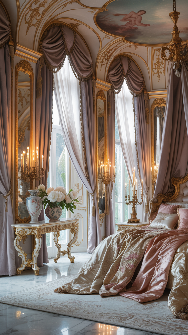 Rococo bedroom with floor to ceiling drapery luxurious fabrics and elegant palace style decor