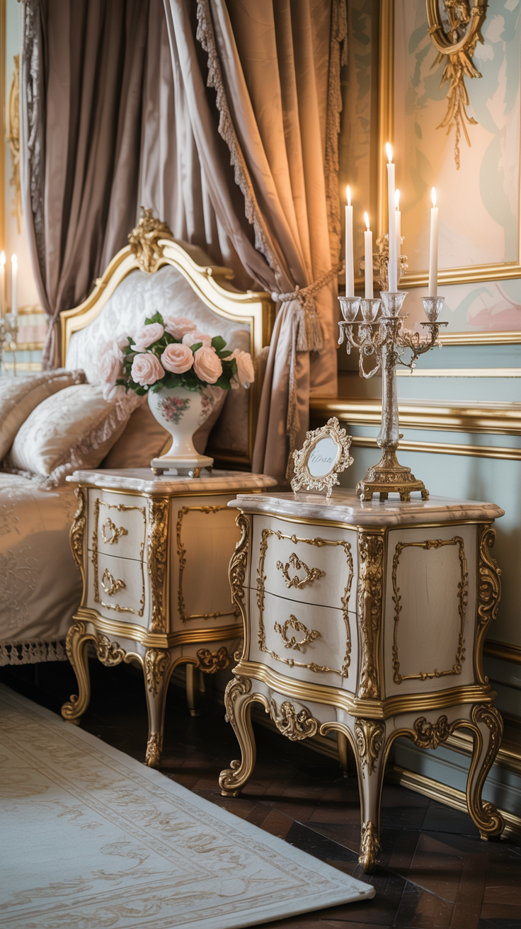 Elegant Rococo bedroom featuring antique style nightstands with curved detailing and luxurious decor