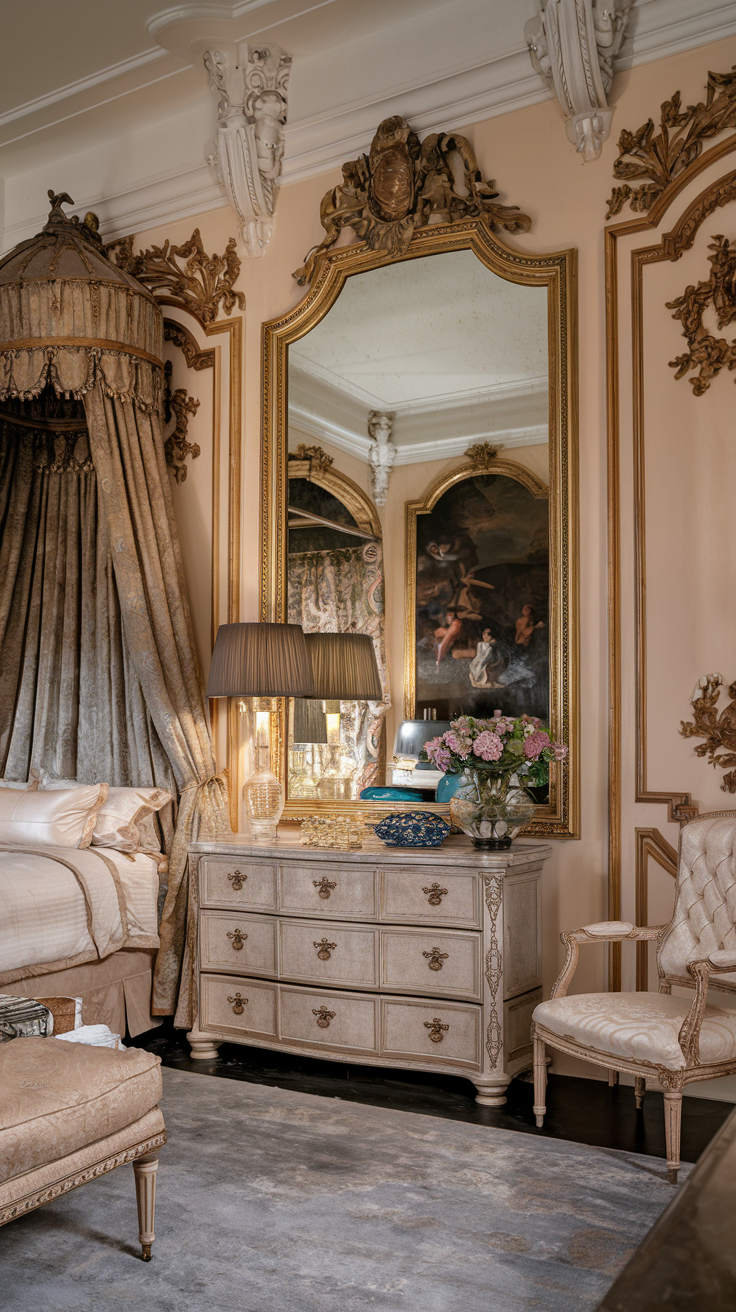 Rococo bedroom with oversized gilded mirror ornate details and elegant palace inspired styling