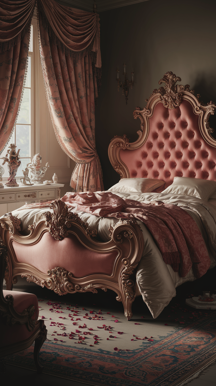 Rococo bedroom featuring a tufted velvet headboard with curved elegant detailing