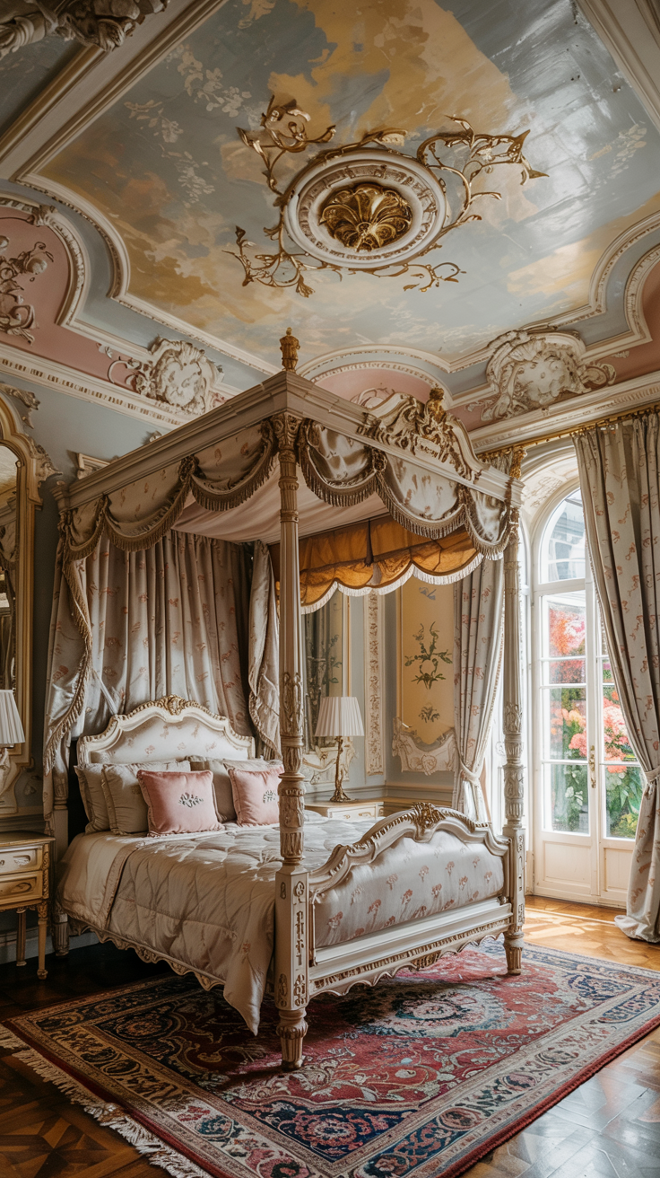 Rococo bedroom with decorative ceiling medallion ornate moldings and elegant architectural detailing