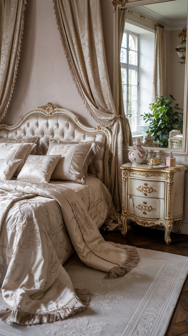 Cream and champagne Rococo bedroom with elegant furnishings and luxurious layered textures