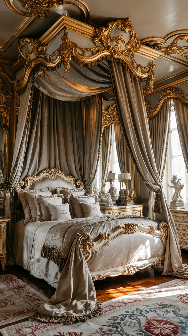Rococo bedroom styled with layered gold accents ornate decor and elegant luxury details