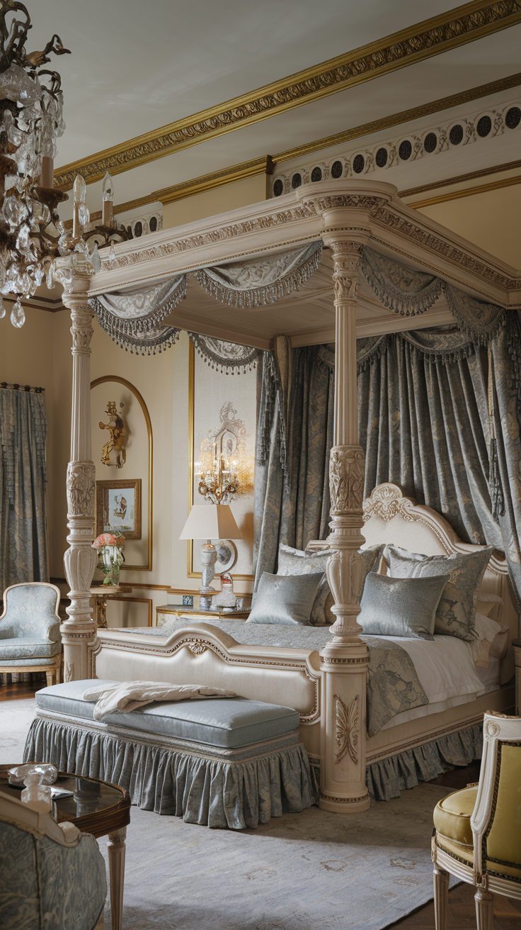Rococo four poster bed with ornate carvings luxurious fabrics and palace inspired bedroom styling