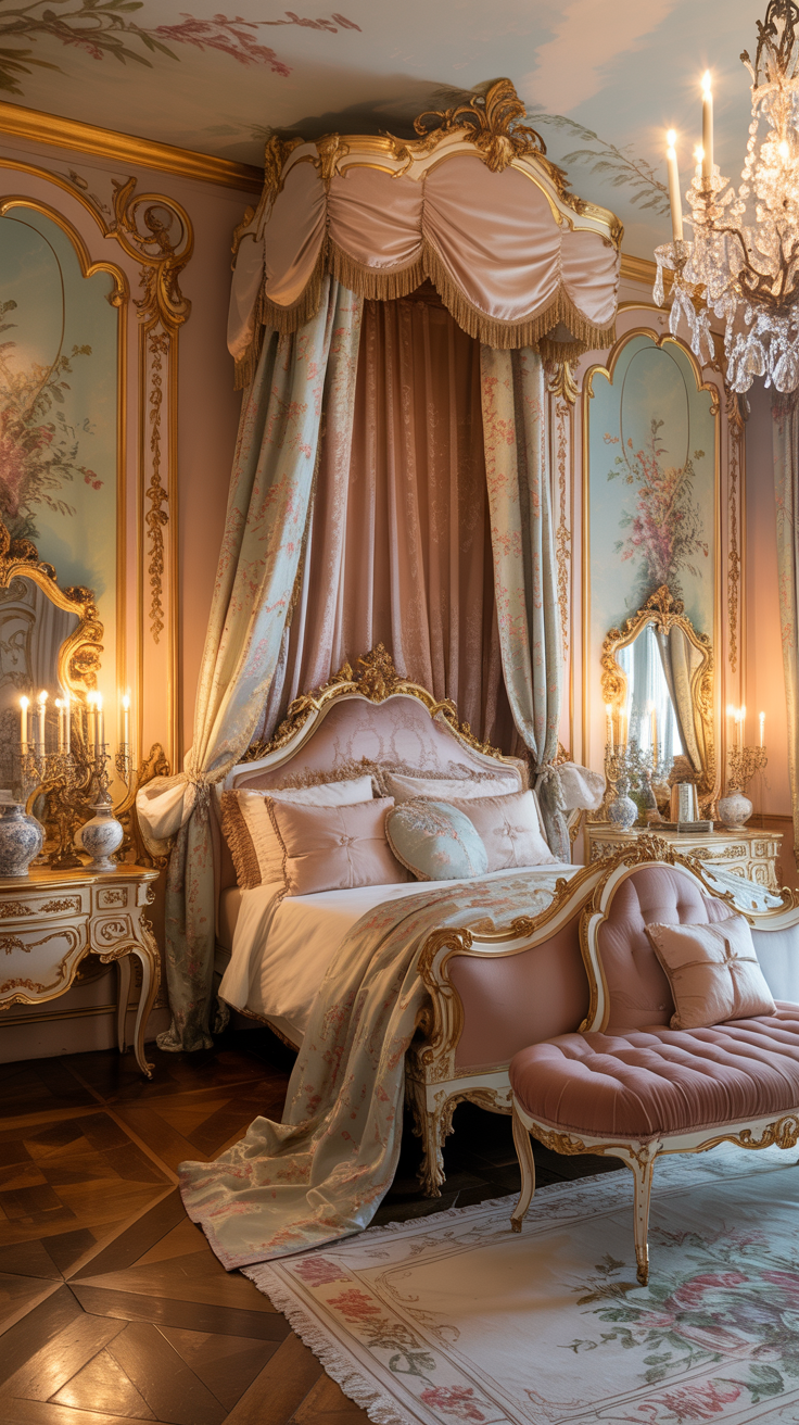 Rococo bedroom featuring gold leaf furniture accents and elegant decorative details